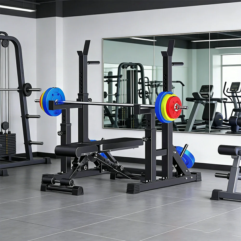 FITPRO Adjustable Squat Rack Barbell Stand Foldable 350kg Capacity with 50kg Colour Eco Barbell Home Gym Training - Black - Image 6