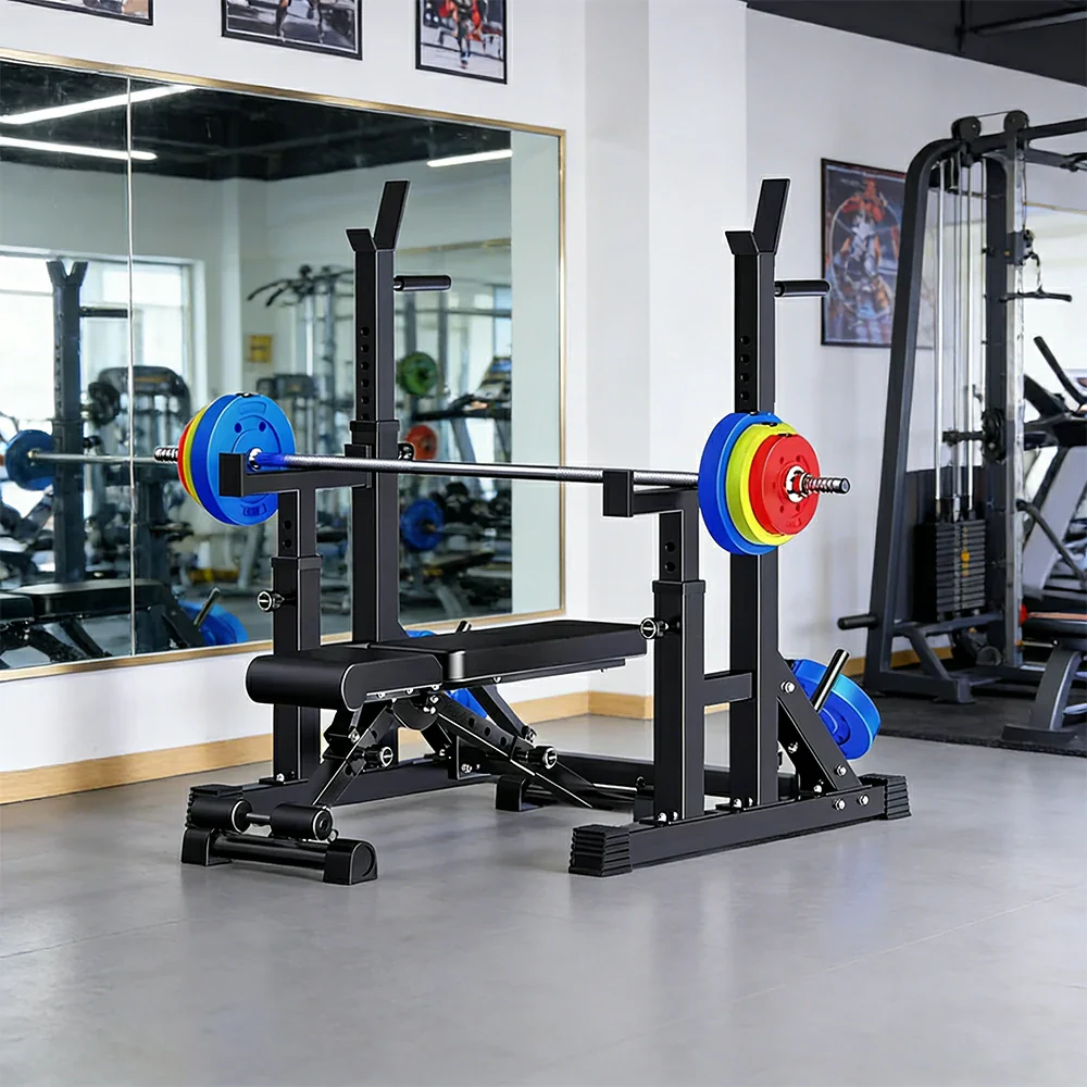 FITPRO Adjustable Squat Rack Barbell Stand Foldable 350kg Capacity with 50kg Colour Eco Barbell Home Gym Training - Black - Image 7