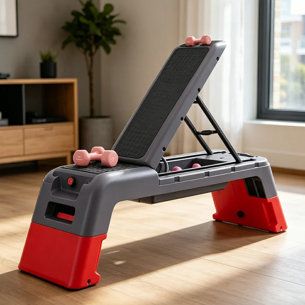 FITPRO Multi-Functional Step Bench with Adjustable Angles, Foldable Storage for Home Fitness Training - Red&Grey - Image 2