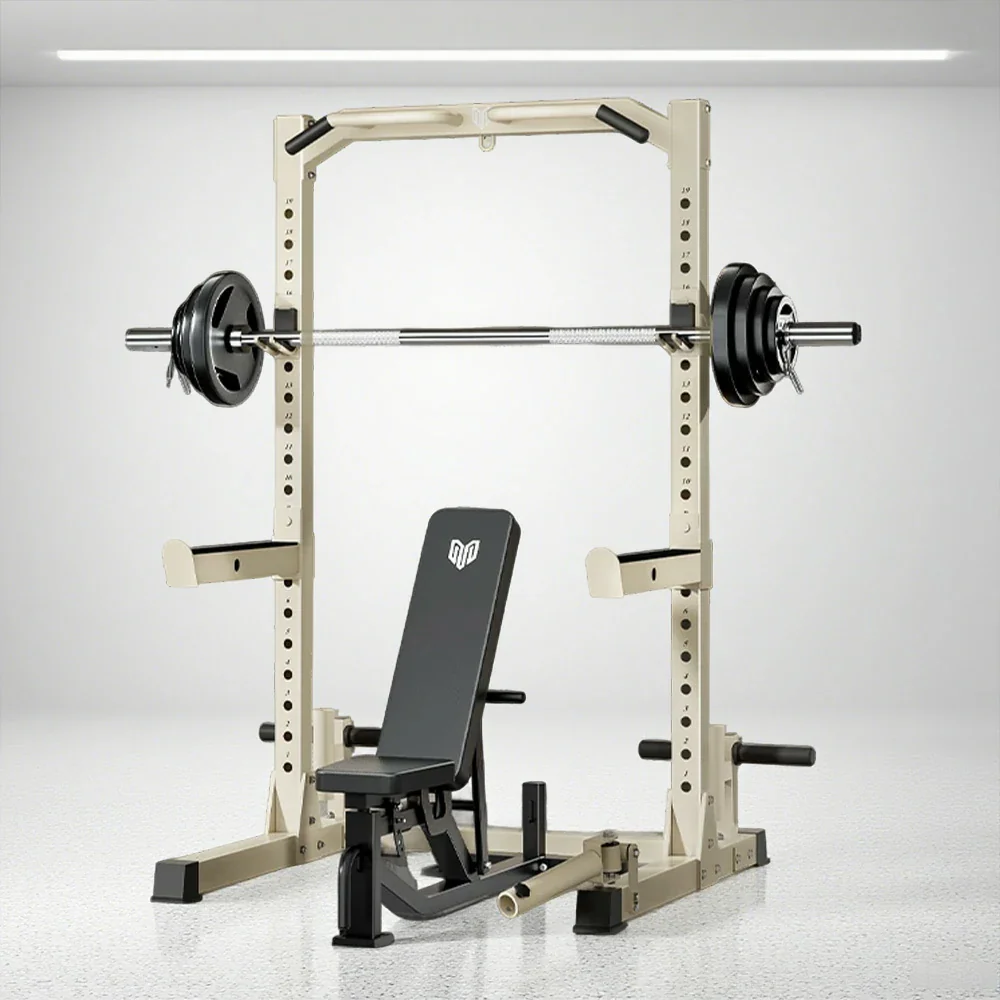 MERIDIAN Multi-Function Power Rack with Bench – Squat, Bench Press, Pull-Up, 19 Height Levels, Space-Saving Design - Beige - Image 2