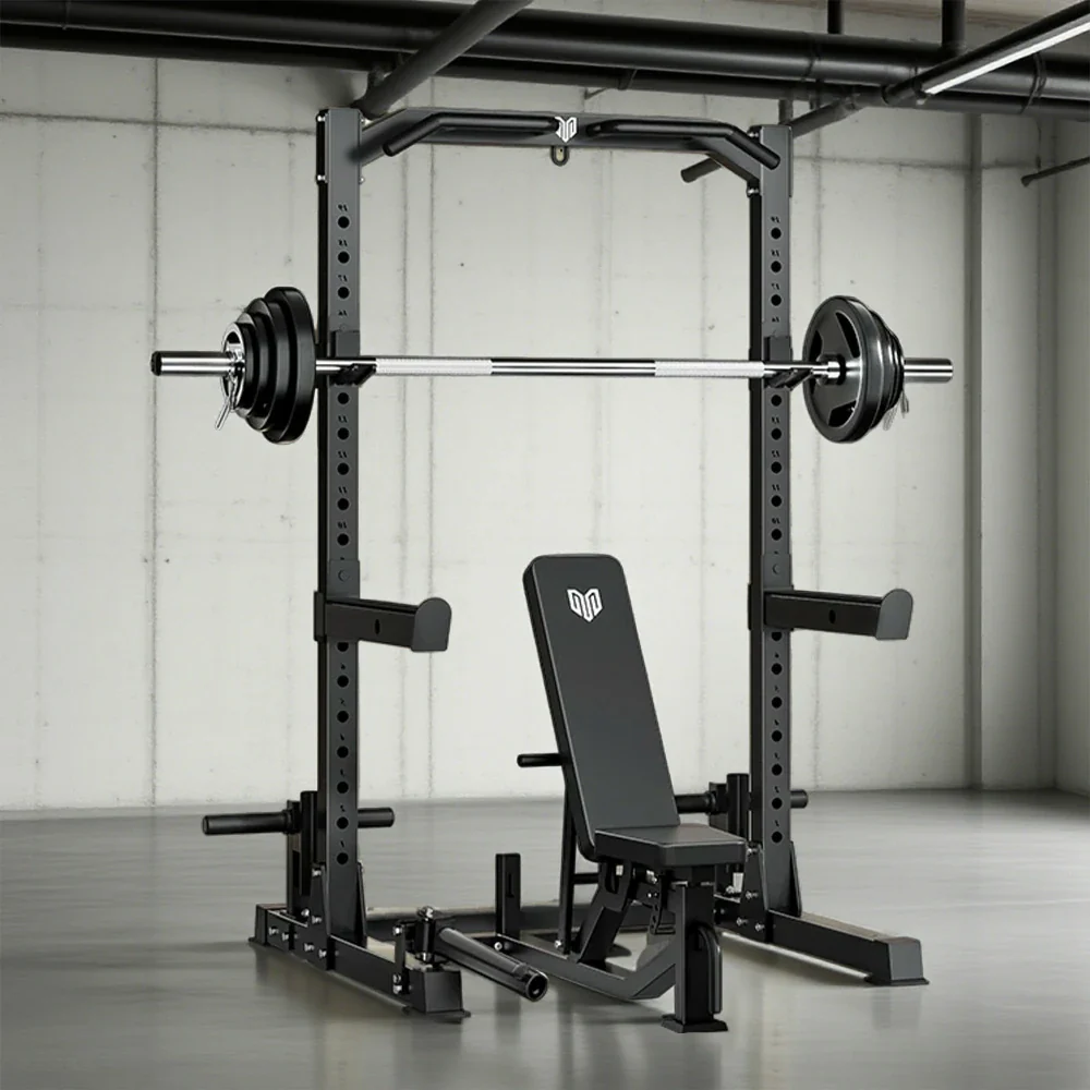 MERIDIAN Multi-Function Power Rack with Bench – Squat, Bench Press, Pull-Up, 19 Height Levels, Space-Saving Design - Black - Image 4