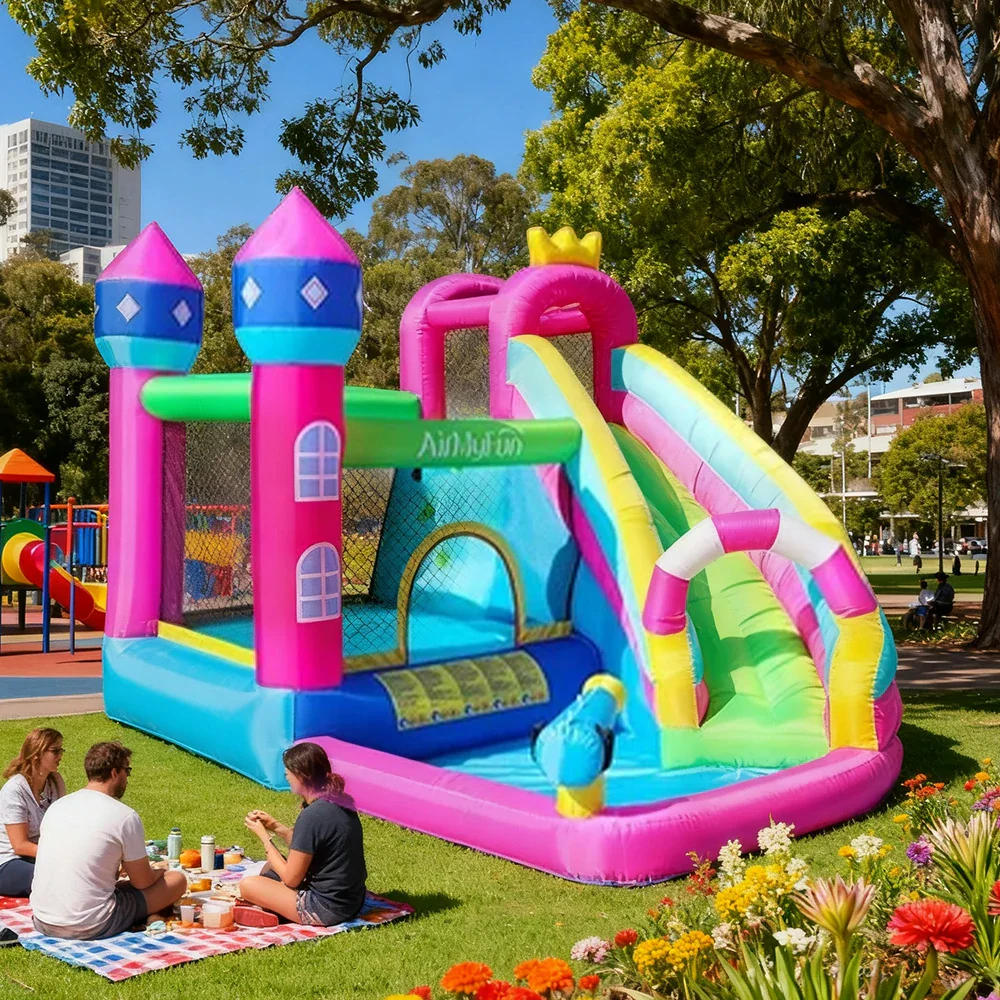 GAMEON Princess Castle PVC Inflatable Bounce House with Blower - Pink & Blue Fantasy Design - Image 2