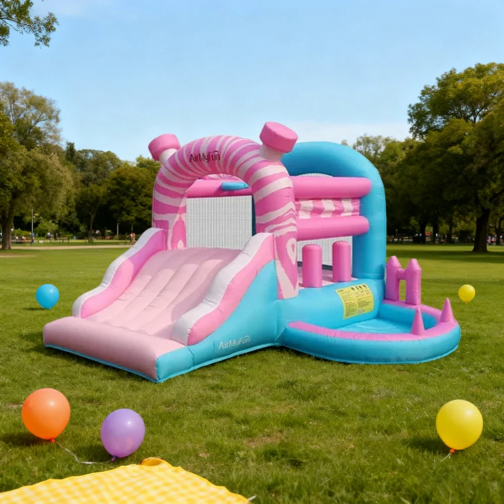 GAMEON Pink & Blue Inflatable Slide Bounce Castle PVC Build with Blower - Pastel Fun Style - Image 2