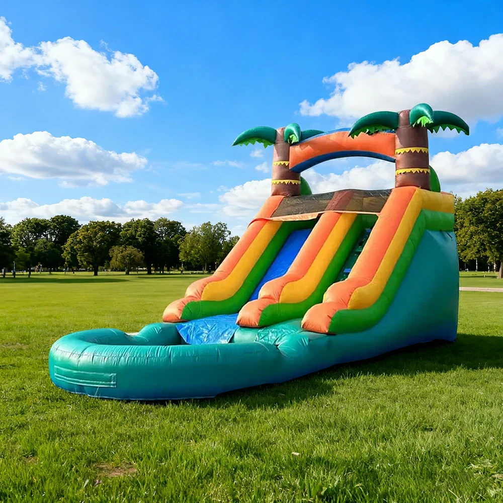 GAMEON Large Water Slide Inflatable Bounce Castle PVC Build with Blower - Tropical Green-Yellow Wave Style - Image 4