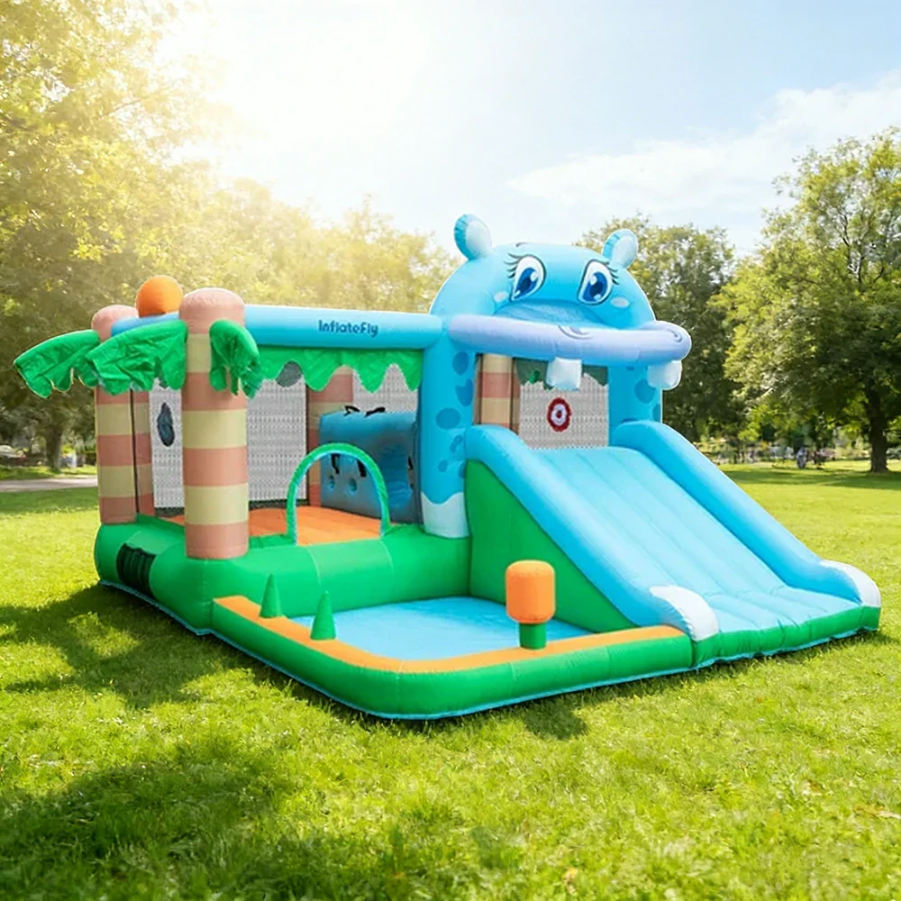 GAMEON Inflatable Bounce Castle - PVC Build with Blower, Hippo Castle Theme with Slide - Image 2