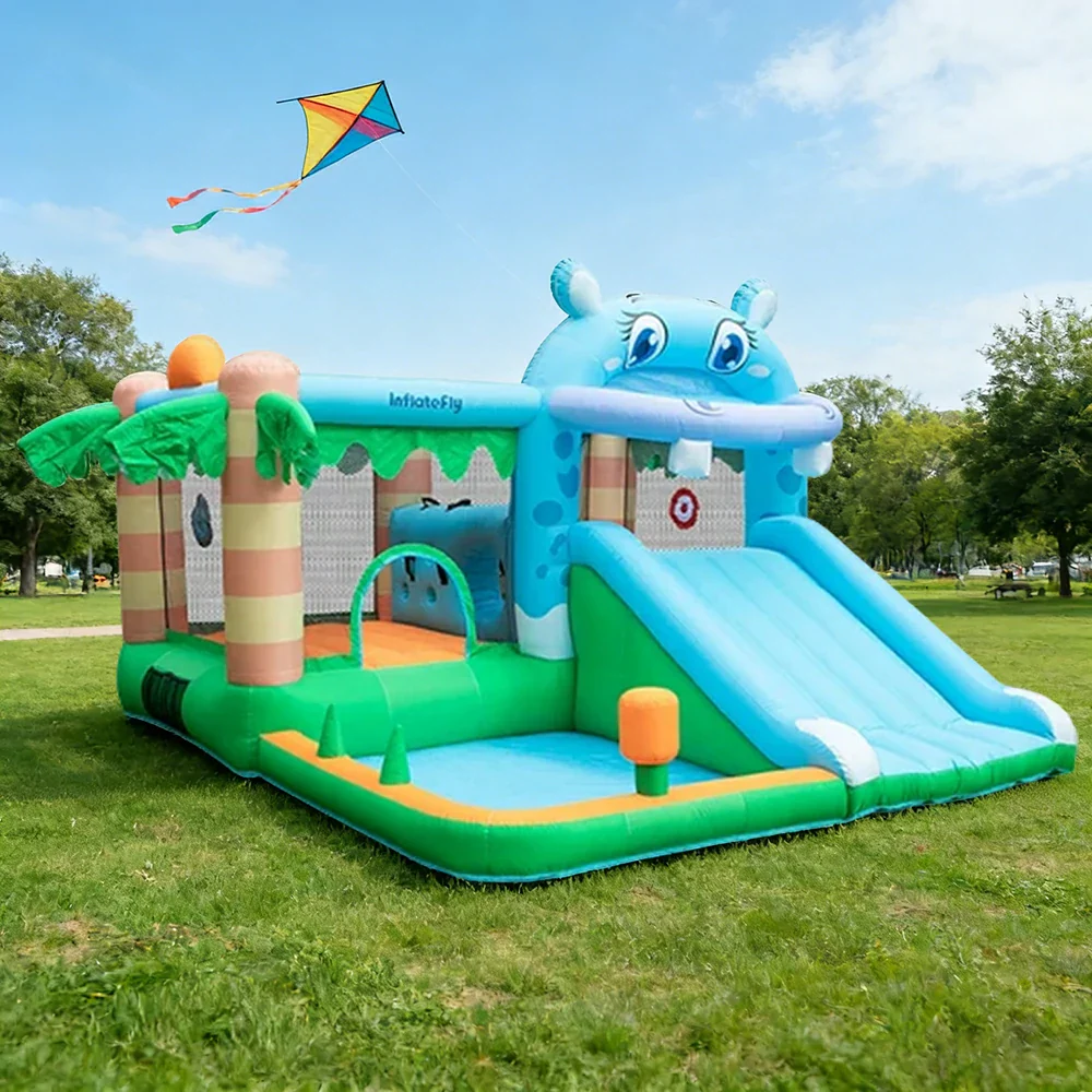 GAMEON Inflatable Bounce Castle - PVC Build with Blower, Hippo Castle Theme with Slide - Image 4