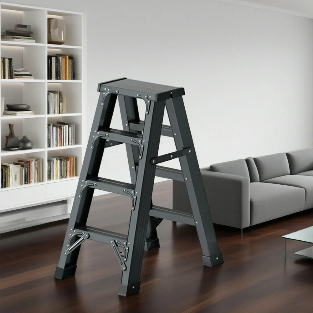 GROVIA 4/5/6-Step Aluminium Folding Ladder - 14.5cm Thick, 15cm Wide Pedal, Anti-Slip Feet - Grey - Image 2