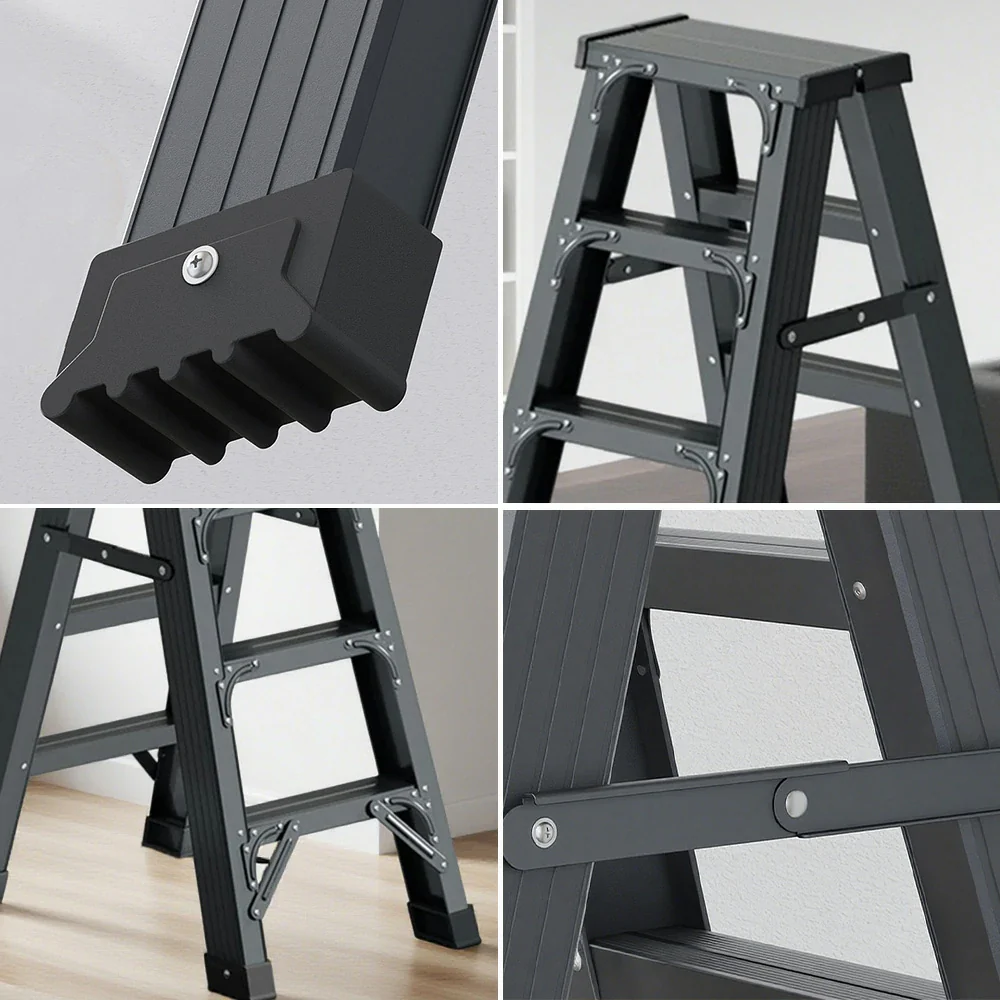 GROVIA 4/5/6-Step Aluminium Folding Ladder - 14.5cm Thick, 15cm Wide Pedal, Anti-Slip Feet - Grey - Image 3