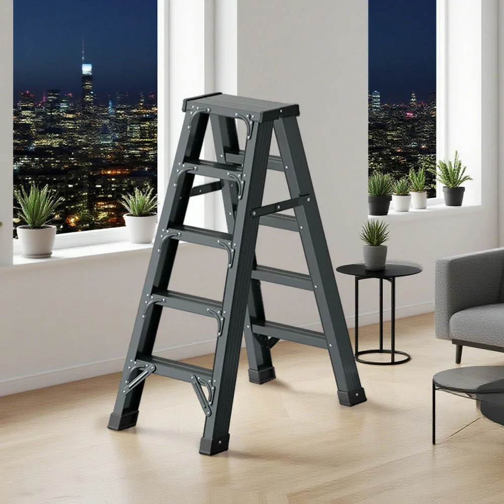 GROVIA 4/5/6-Step Aluminium Folding Ladder - 14.5cm Thick, 15cm Wide Pedal, Anti-Slip Feet - Grey - Image 7