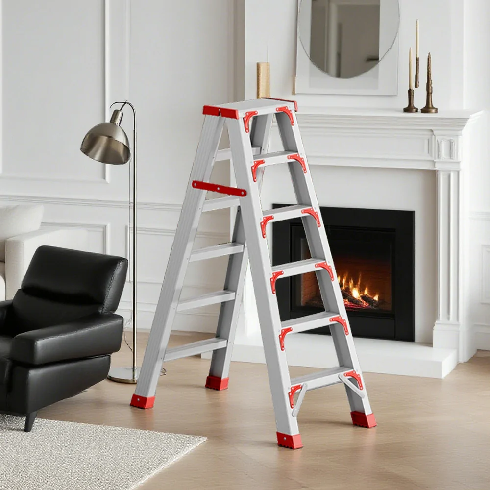 GROVIA 4/5/6-Step Aluminium Folding Ladder - 14.5cm Thick, 15cm Wide Pedal, Anti-Slip Feet - Red - Image 14
