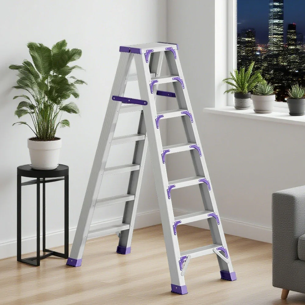 GROVIA 7/8/10-Step Aluminium Folding Ladder - 14.5cm Thick, 15cm Wide Pedal, Anti-Slip Feet - Purple - Image 4