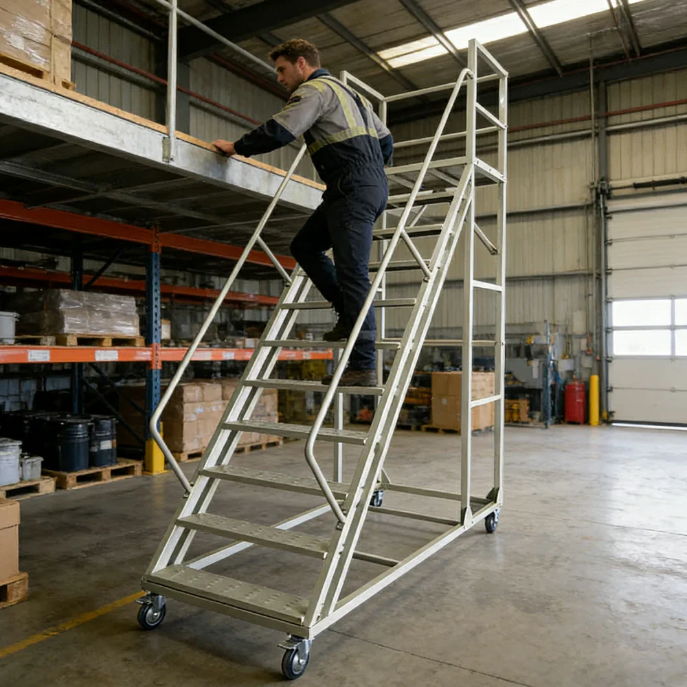 GROVIA 250cm Platform Height  10-step Ladder With Wheels Warehouse Staircase - Image 11