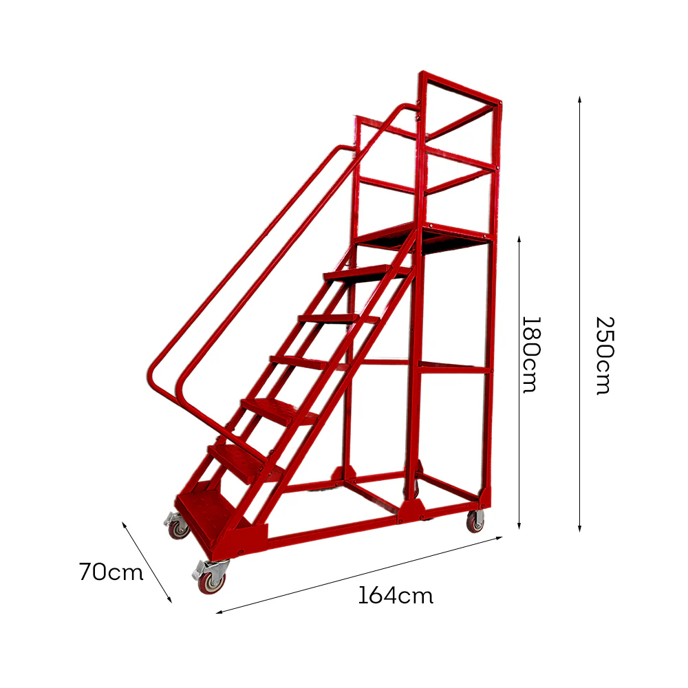 GROVIA 180cm Platform Height 7-step Ladder With Wheels Warehouse Staircase - Image 10
