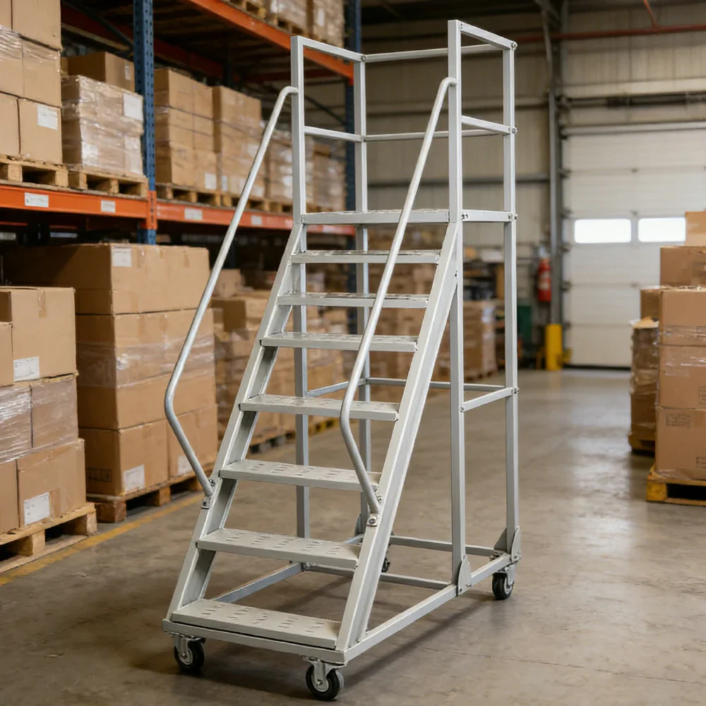 GROVIA 200cm Platform Height 8-step Ladder With Wheels Warehouse Staircase - Image 10