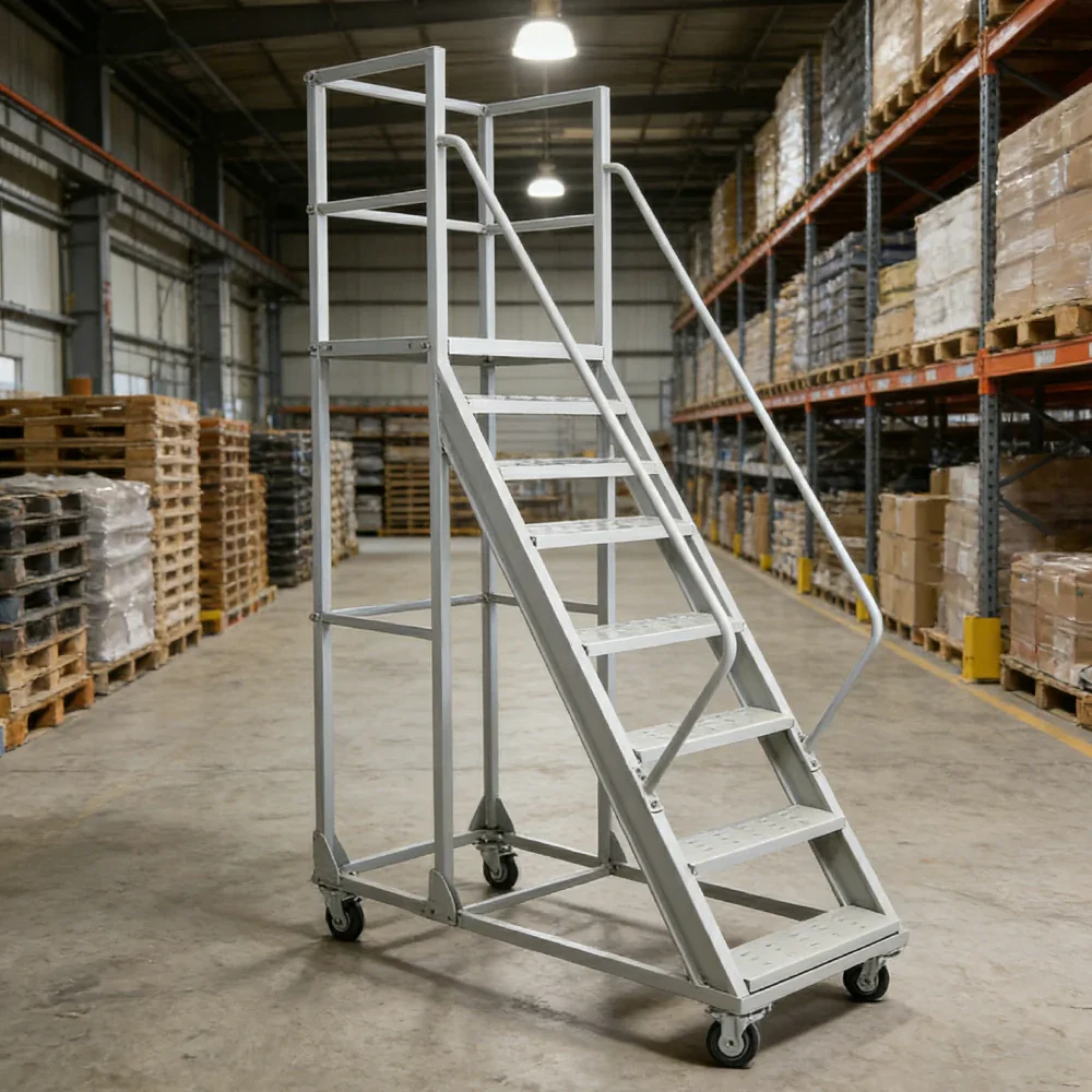 GROVIA 200cm Platform Height 8-step Ladder With Wheels Warehouse Staircase - Image 12