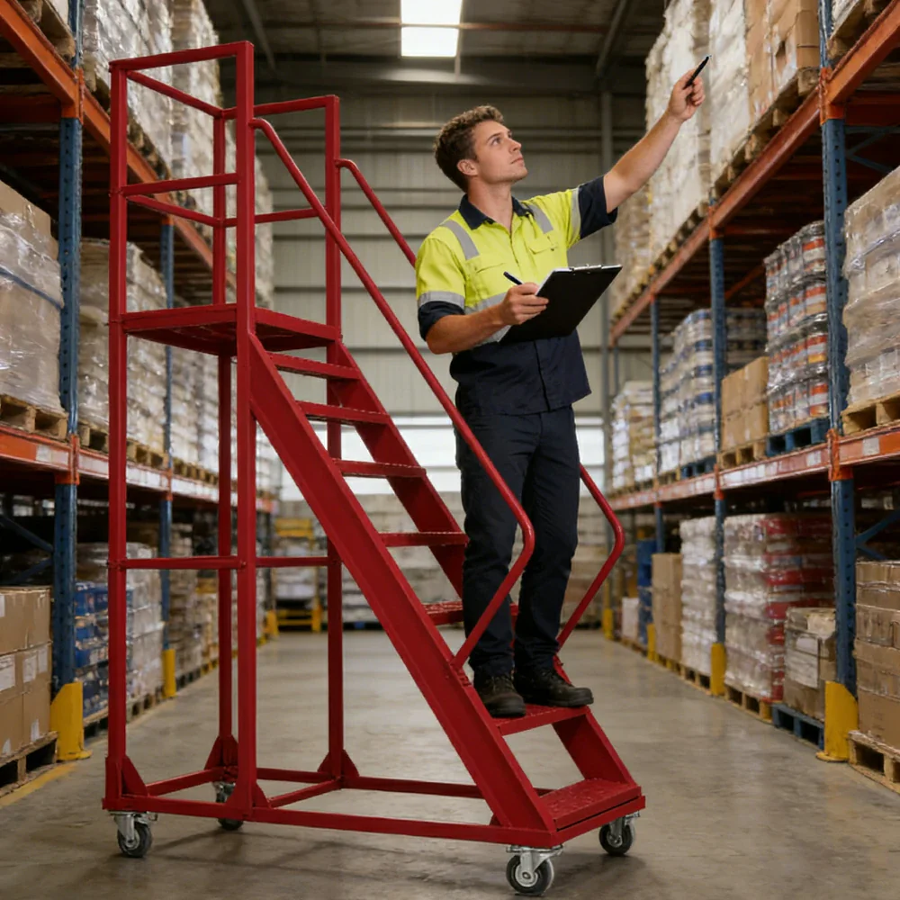 GROVIA 200cm Platform Height 8-step Ladder With Wheels Warehouse Staircase - Image 4
