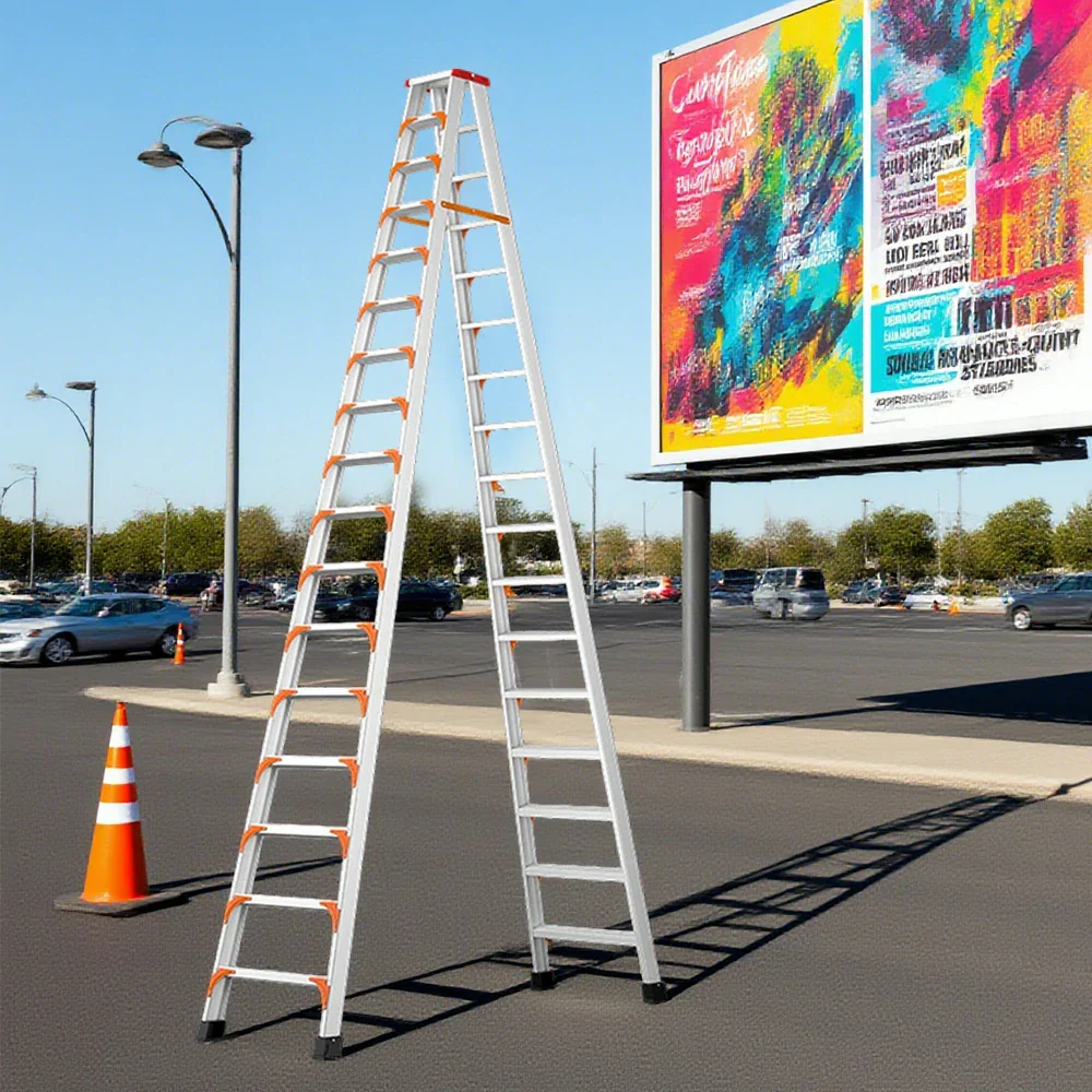GROVIA 12/14/17-Step Aluminum Alloy Folding Ladder - 15cm Wide Non-Slip Pedal, Safety Straps, Anti-Slip Feet - Image 11