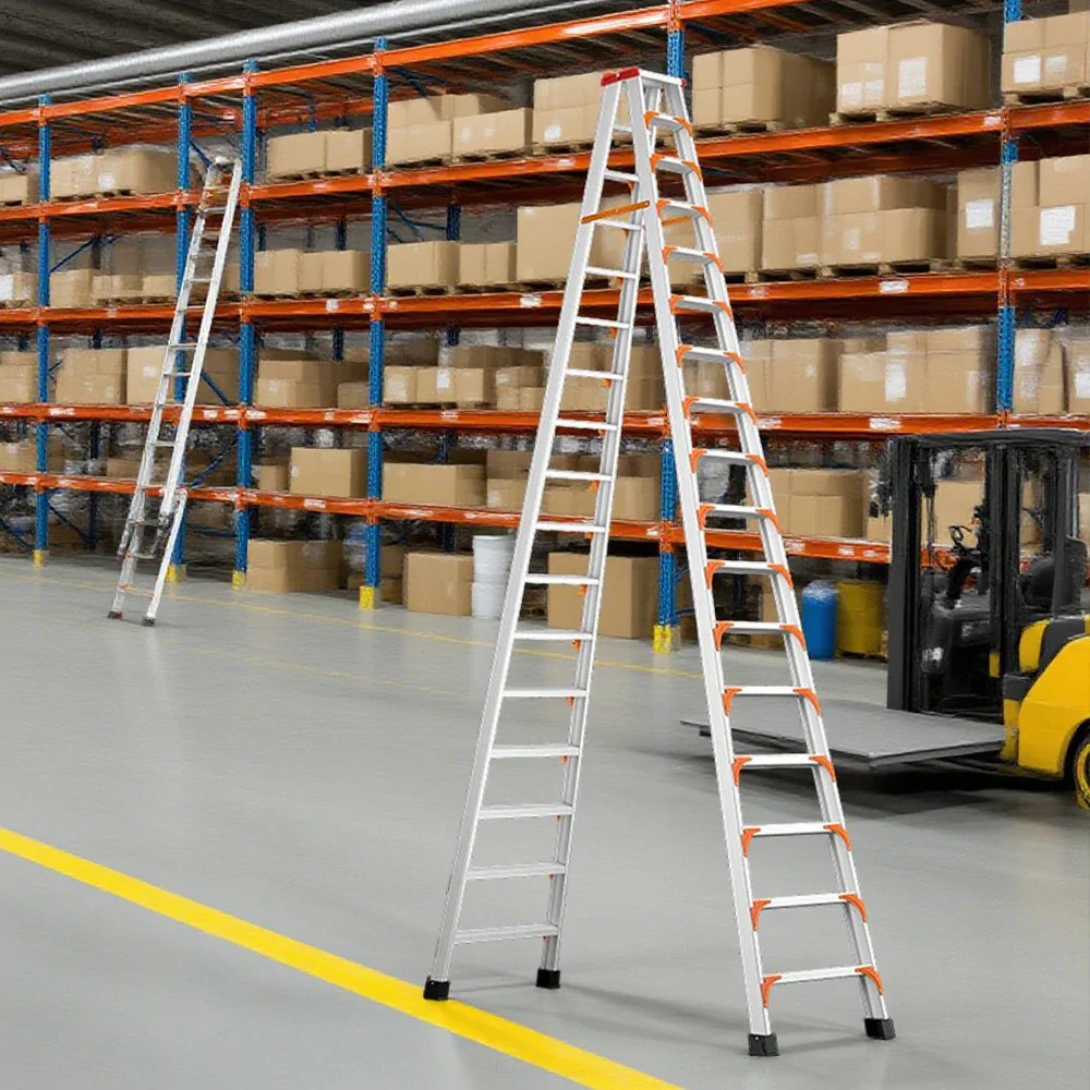 GROVIA 12/14/17-Step Aluminum Alloy Folding Ladder - 15cm Wide Non-Slip Pedal, Safety Straps, Anti-Slip Feet - Image 12