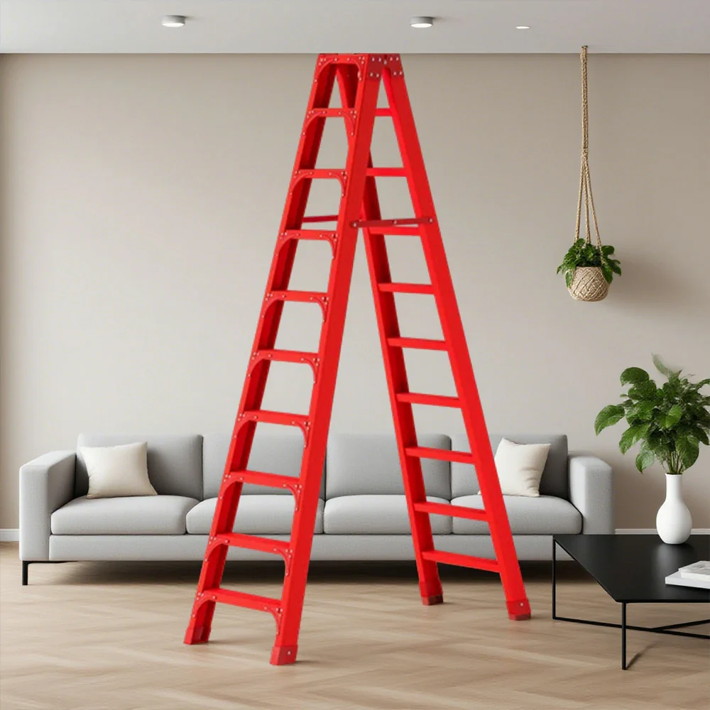 GROVIA 6/7/8/10 Step Folding Ladder, Triangular Support, Anti-Slip Pedals, Stabilizing Rod, Durable & Portable Design - Red - Image 15