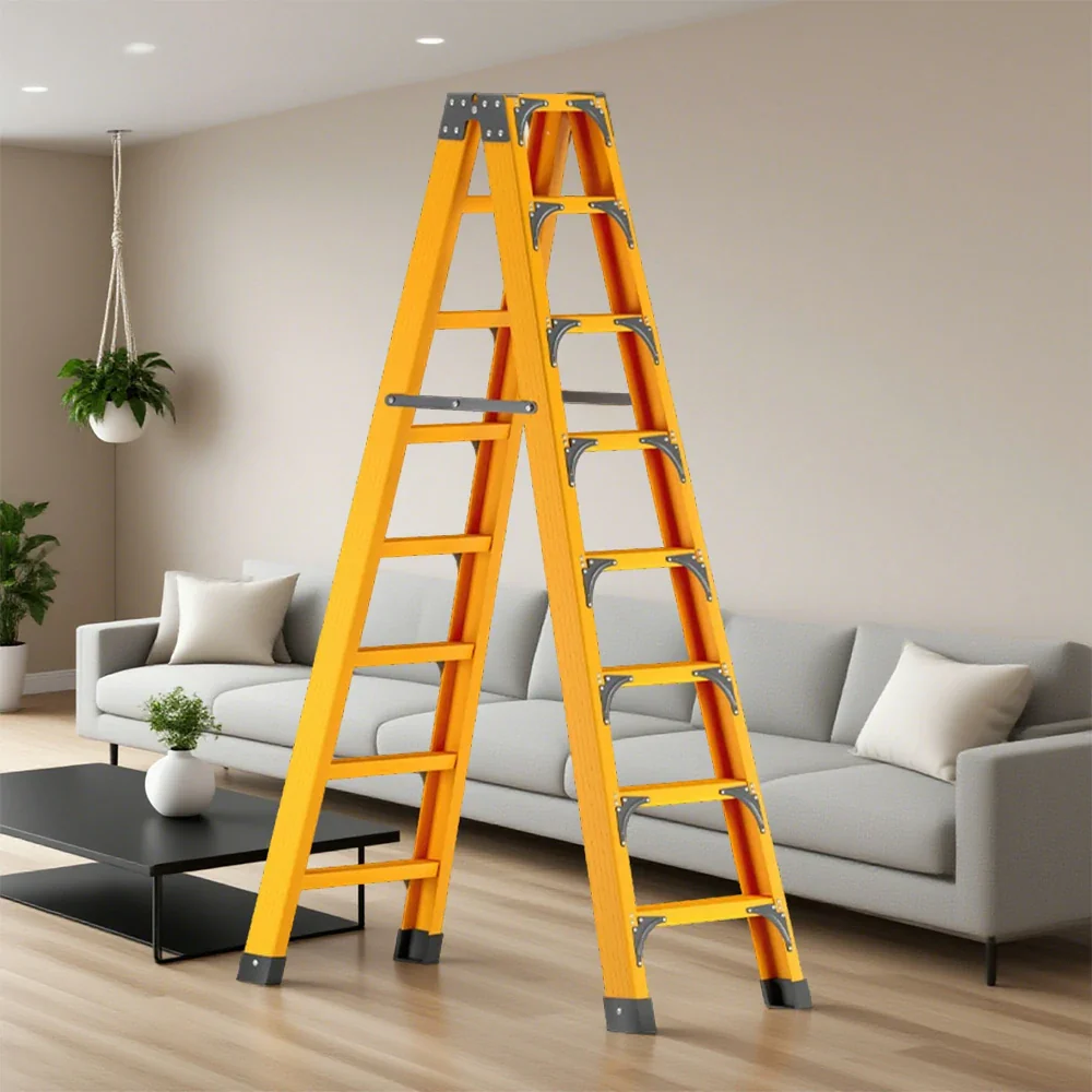 GROVIA 6/7/8/10 Step Folding Ladder, Triangular Support, Anti-Slip Pedals, Stabilizing Rod, Durable & Portable Design - Yellow - Image 12