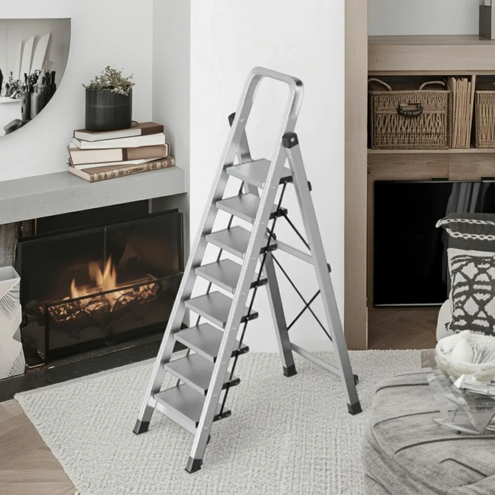 GROVIA 5/6/7/8-Step Aluminium Folding Ladder - 6cm Slim Design, 18cm Wide Non-Slip Pedal, Anti-Slip Feet - Silver - Image 15