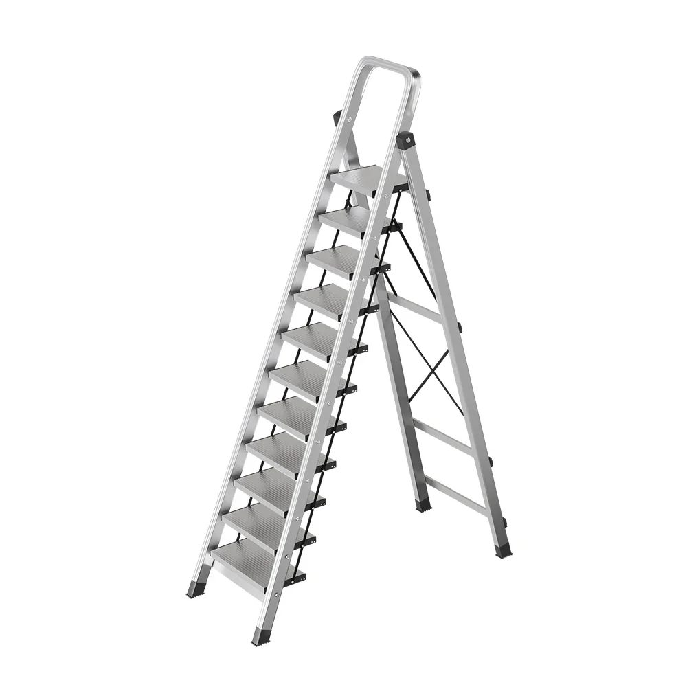 GROVIA 9/10/11/12-Step Aluminium Folding Ladder - 6cm Slim Design, 18cm Wide Non-Slip Pedal, Anti-Slip Feet - Silver - Image 10