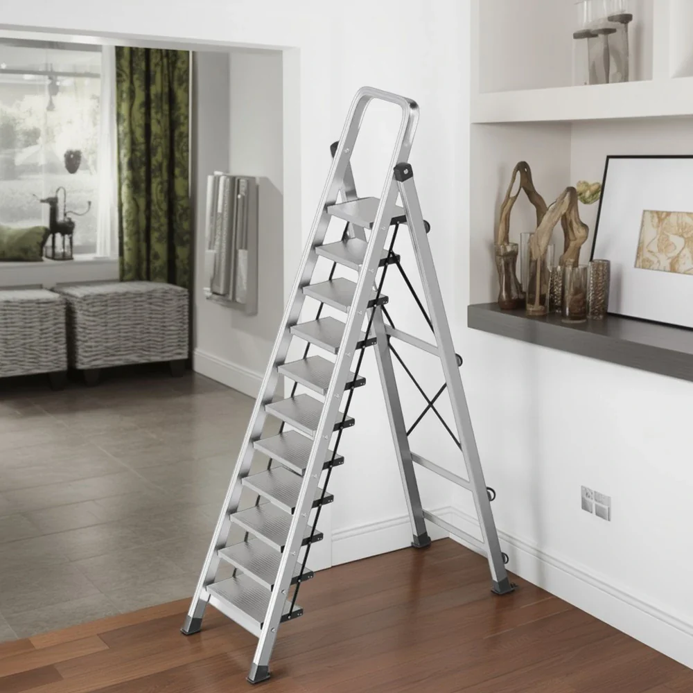 GROVIA 9/10/11/12-Step Aluminium Folding Ladder - 6cm Slim Design, 18cm Wide Non-Slip Pedal, Anti-Slip Feet - Silver - Image 11
