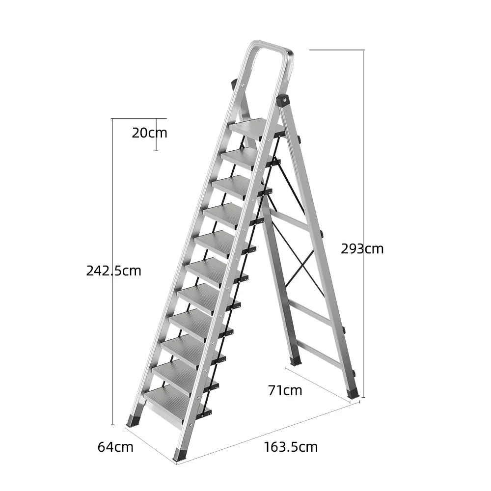 GROVIA 9/10/11/12-Step Aluminium Folding Ladder - 6cm Slim Design, 18cm Wide Non-Slip Pedal, Anti-Slip Feet - Silver - Image 12