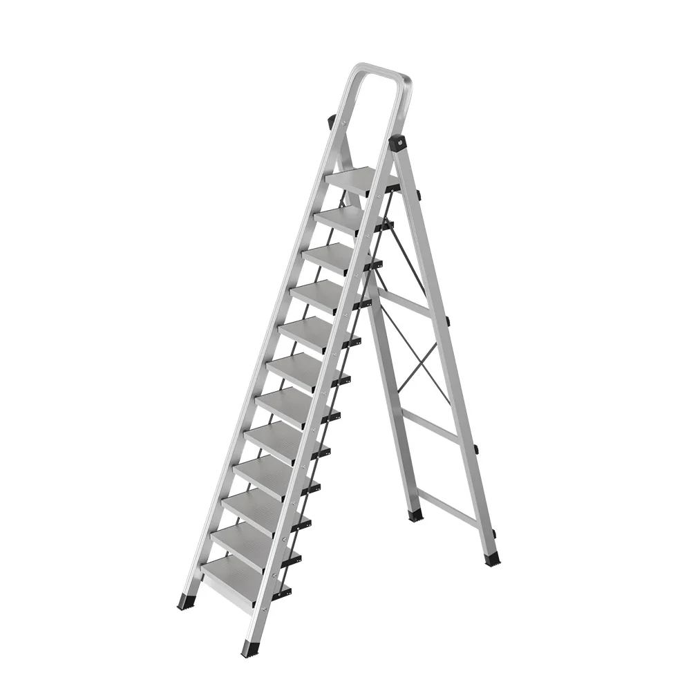 GROVIA 9/10/11/12-Step Aluminium Folding Ladder - 6cm Slim Design, 18cm Wide Non-Slip Pedal, Anti-Slip Feet - Silver - Image 14