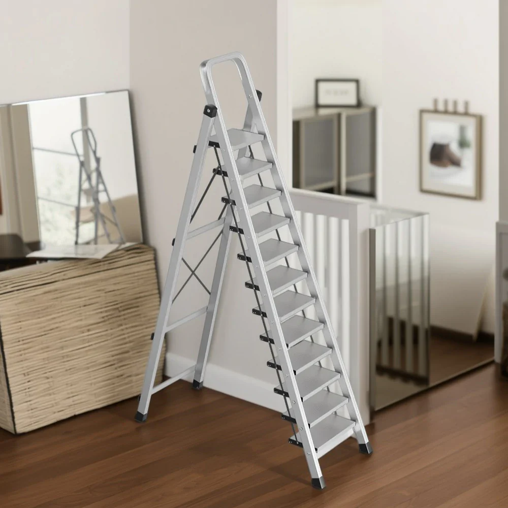 GROVIA 9/10/11/12-Step Aluminium Folding Ladder - 6cm Slim Design, 18cm Wide Non-Slip Pedal, Anti-Slip Feet - Silver - Image 16
