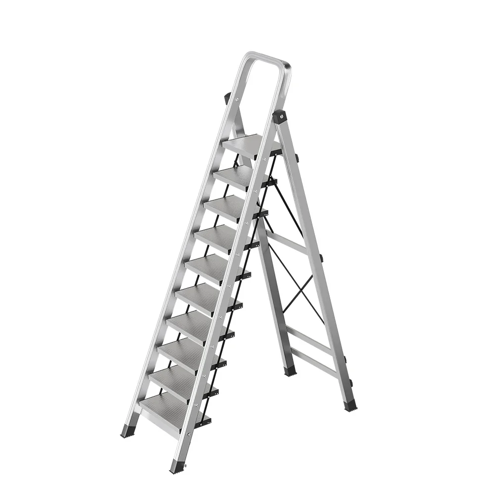 GROVIA 9/10/11/12-Step Aluminium Folding Ladder - 6cm Slim Design, 18cm Wide Non-Slip Pedal, Anti-Slip Feet - Silver - Image 6