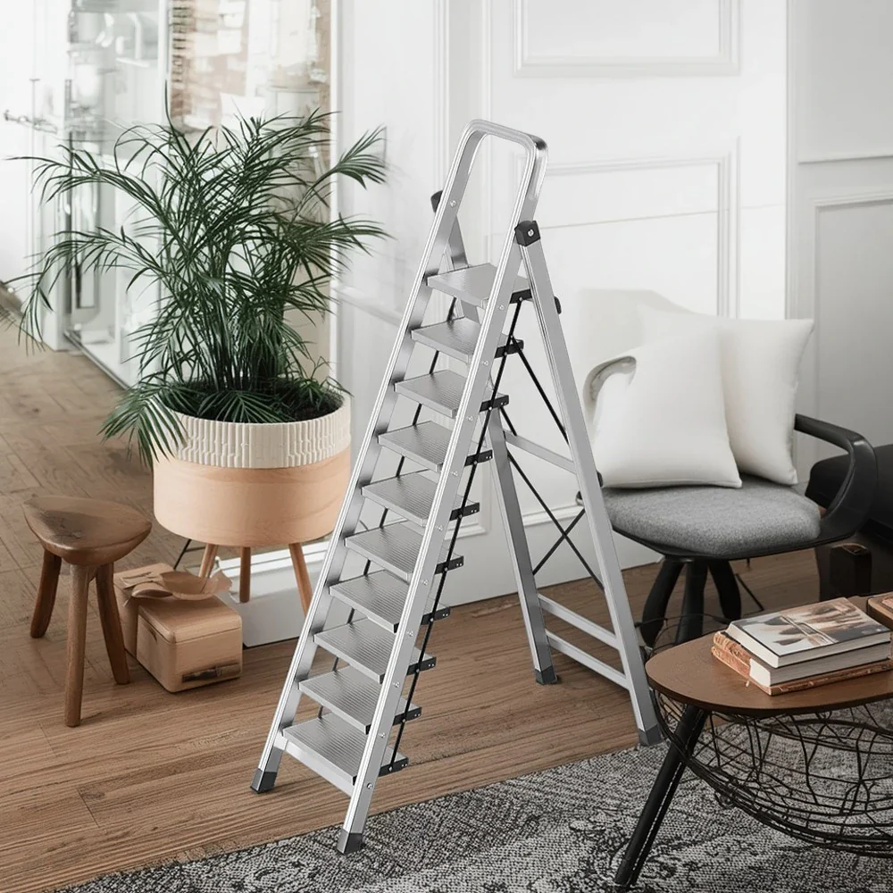 GROVIA 9/10/11/12-Step Aluminium Folding Ladder - 6cm Slim Design, 18cm Wide Non-Slip Pedal, Anti-Slip Feet - Silver - Image 7