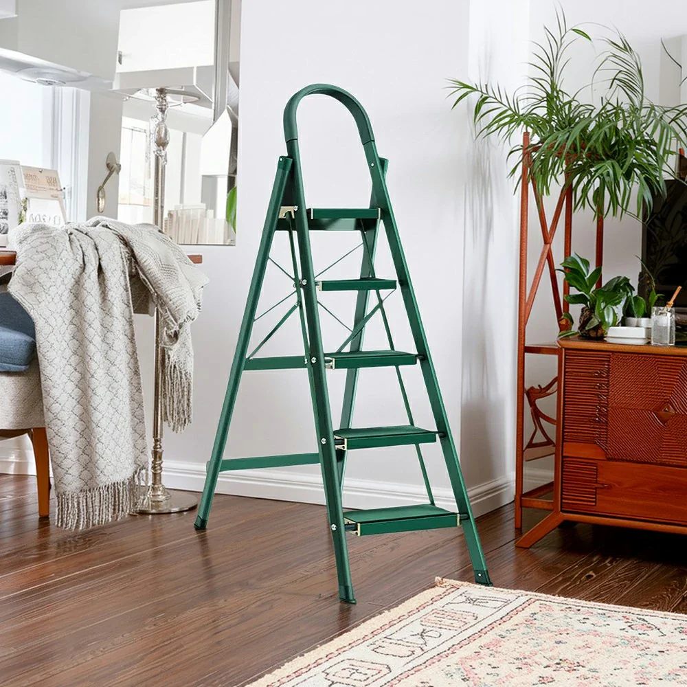 GROVIA 4/5/6-Step Aluminium Folding Ladder - 5cm Slim Design, 18cm Wide Non-Slip Pedal, Anti-Slip Feet - Green - Image 4