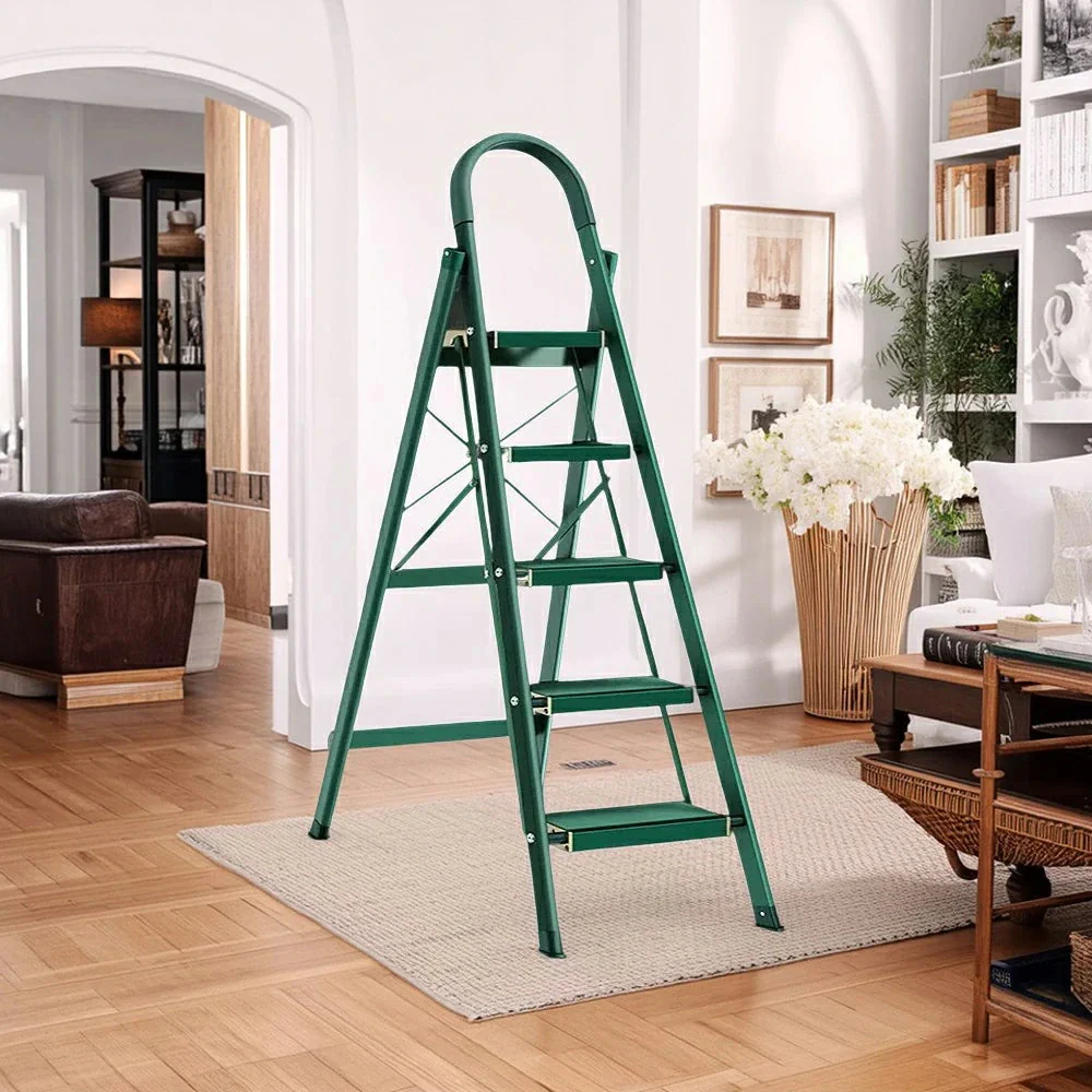 GROVIA 4/5/6-Step Aluminium Folding Ladder - 5cm Slim Design, 18cm Wide Non-Slip Pedal, Anti-Slip Feet - Green - Image 7