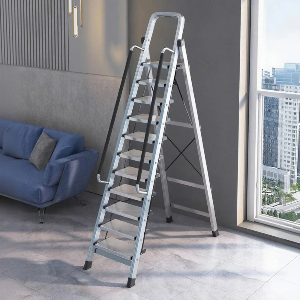 GROVIA 10/11/12 Step Aluminum Alloy Folding Ladder with Handrails, Anti-Slip Design, Extra-Wide Pedals, Durable - Image 8