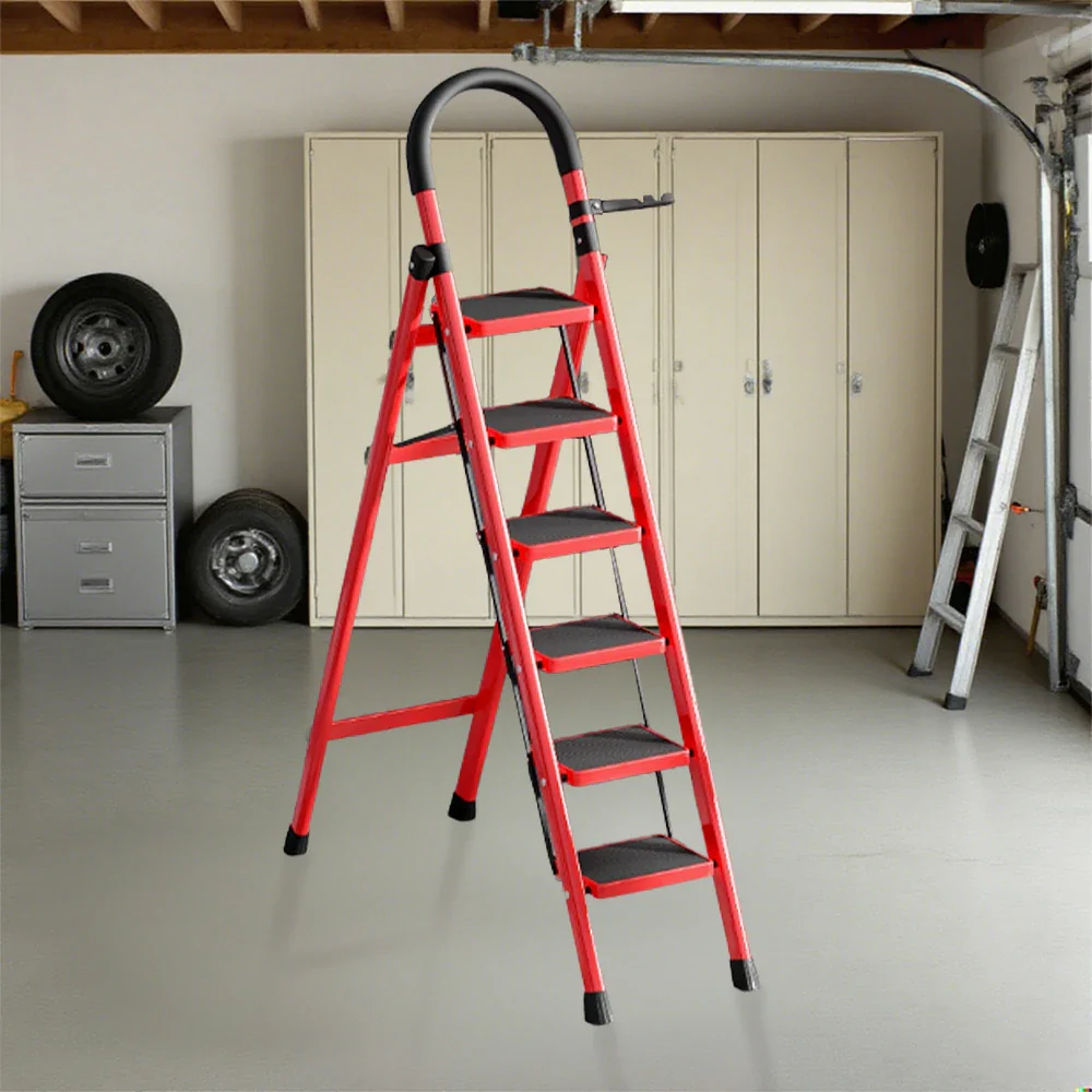 GROVIA 5/6 Step Lightweight Carbon Steel Ladder, Extra-Wide Pedals - Red - Image 8