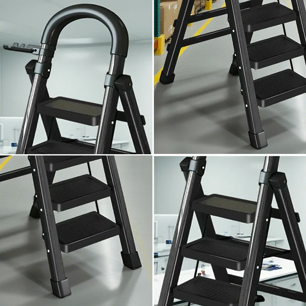 GROVIA 4/5/6 Step Carbon Alloy Steel Folding Ladder, Extra-Wide 27cm Pedals, Tool Tray, Anti-Slip Feet, Heavy-Duty Design - Black - Image 8
