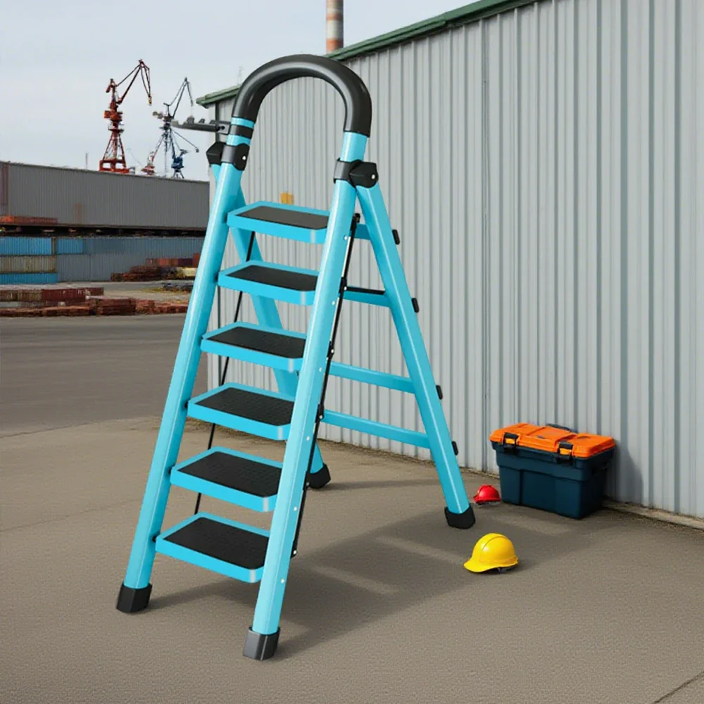 GROVIA 4/5/6 Step Carbon Alloy Steel Folding Ladder, Extra-Wide 27cm Pedals, Tool Tray, Anti-Slip Feet, Heavy-Duty Design - Blue - Image 12