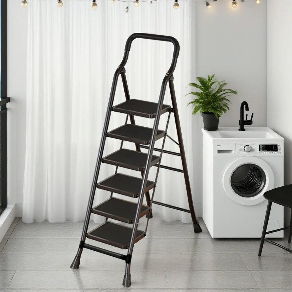 GROVIA 4/5/6-Step Carbon Steel Folding Ladder - 7cm Slim Design, 26cm Wide Non-Slip Pedal, Anti-Slip Feet - Black - Image 12