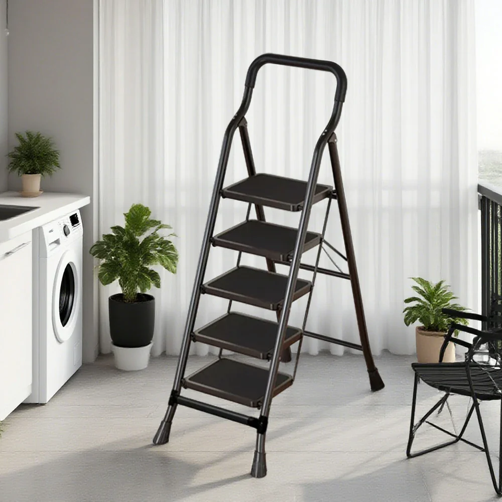 GROVIA 4/5/6-Step Carbon Steel Folding Ladder - 7cm Slim Design, 26cm Wide Non-Slip Pedal, Anti-Slip Feet - Black - Image 7