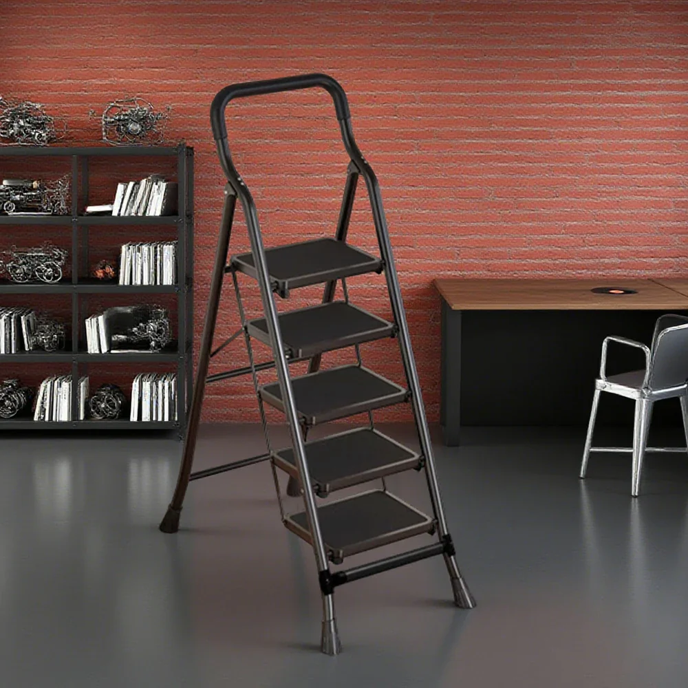 GROVIA 4/5/6-Step Carbon Steel Folding Ladder - 7cm Slim Design, 26cm Wide Non-Slip Pedal, Anti-Slip Feet - Black - Image 9