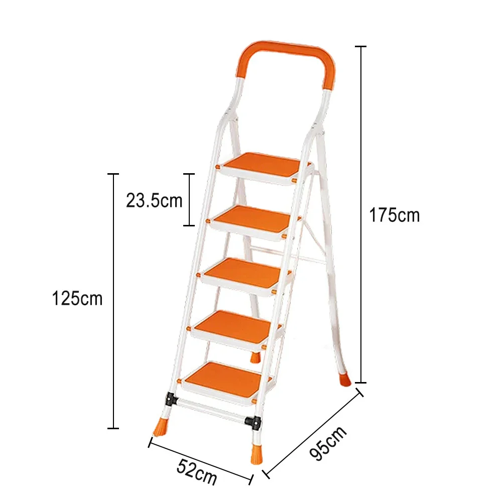 GROVIA 4/5/6-Step Carbon Steel Folding Ladder - 7cm Slim Design, 26cm Wide Non-Slip Pedal, Anti-Slip Feet - Orange - Image 10