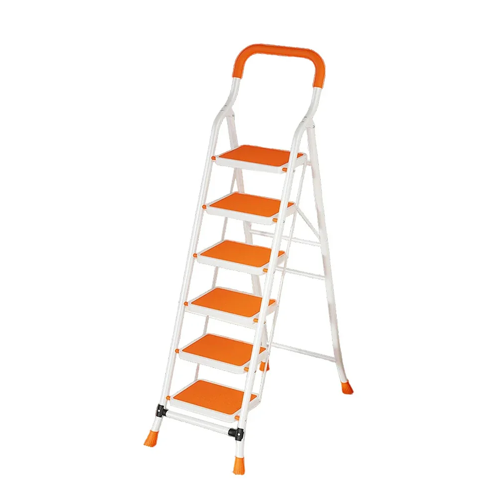 GROVIA 4/5/6-Step Carbon Steel Folding Ladder - 7cm Slim Design, 26cm Wide Non-Slip Pedal, Anti-Slip Feet - Orange - Image 11