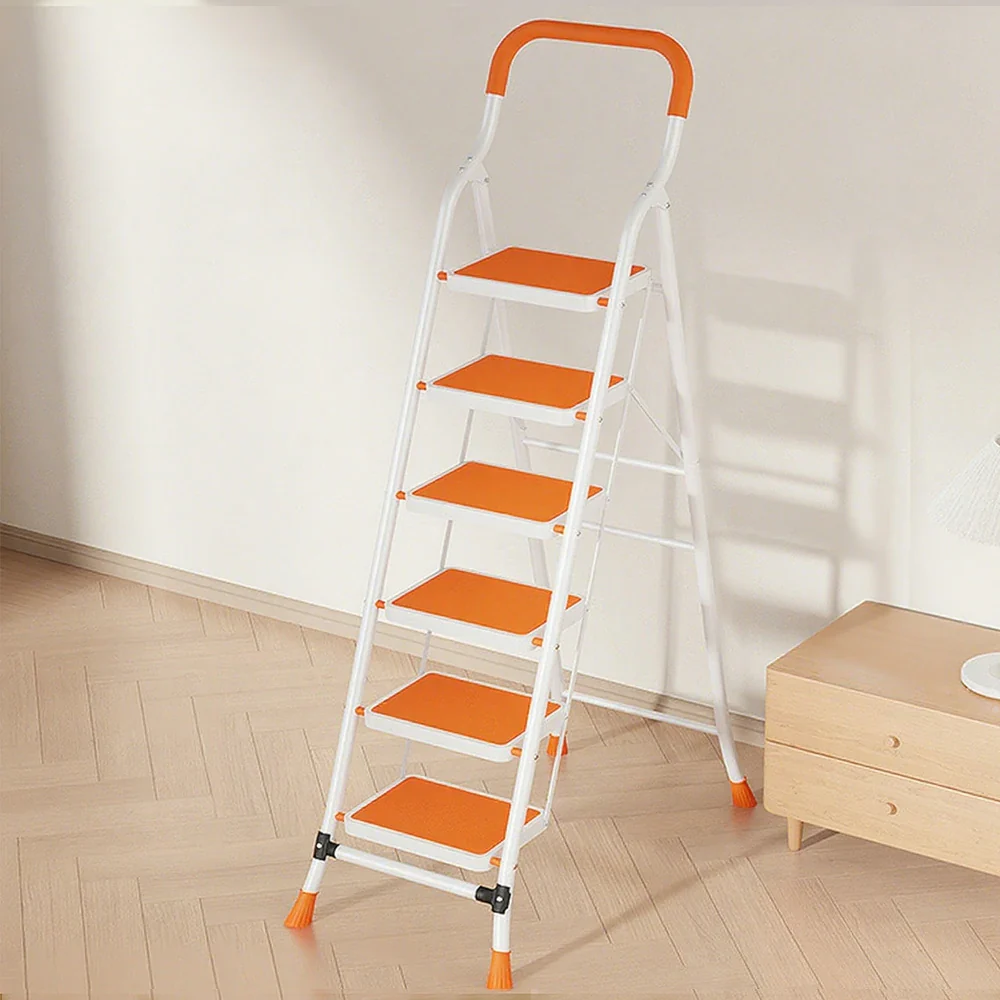 GROVIA 4/5/6-Step Carbon Steel Folding Ladder - 7cm Slim Design, 26cm Wide Non-Slip Pedal, Anti-Slip Feet - Orange - Image 12