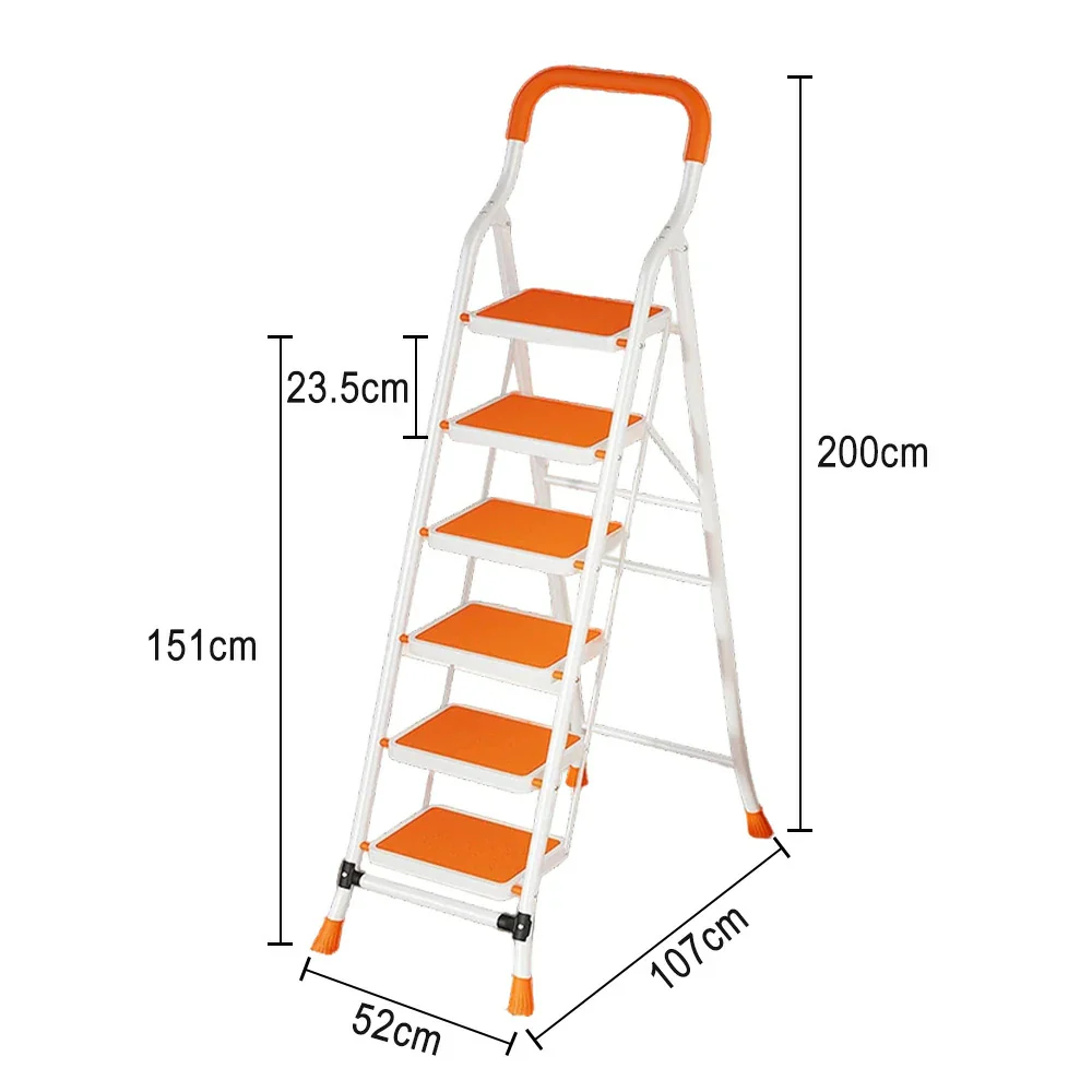 GROVIA 4/5/6-Step Carbon Steel Folding Ladder - 7cm Slim Design, 26cm Wide Non-Slip Pedal, Anti-Slip Feet - Orange - Image 15