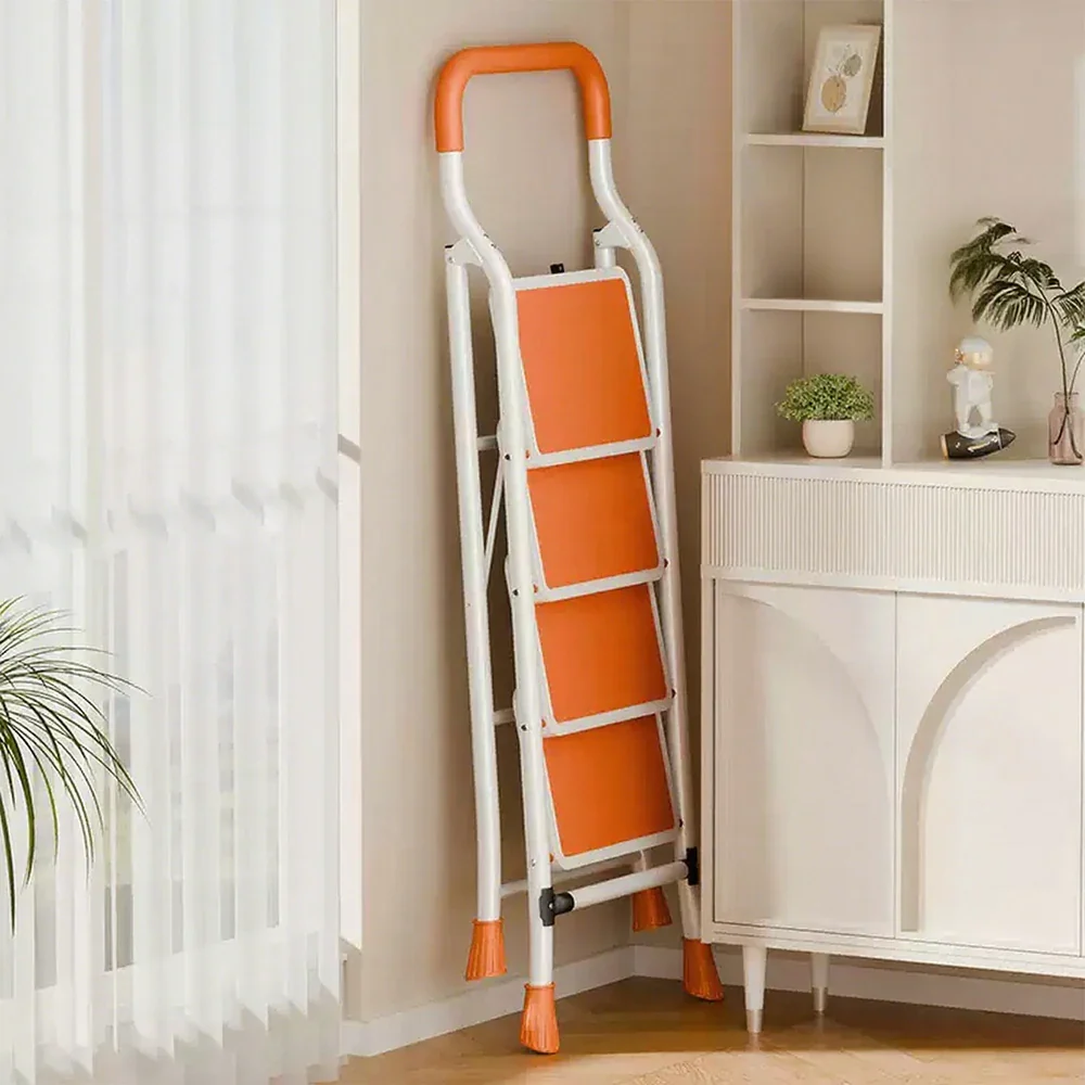 GROVIA 4/5/6-Step Carbon Steel Folding Ladder - 7cm Slim Design, 26cm Wide Non-Slip Pedal, Anti-Slip Feet - Orange - Image 4