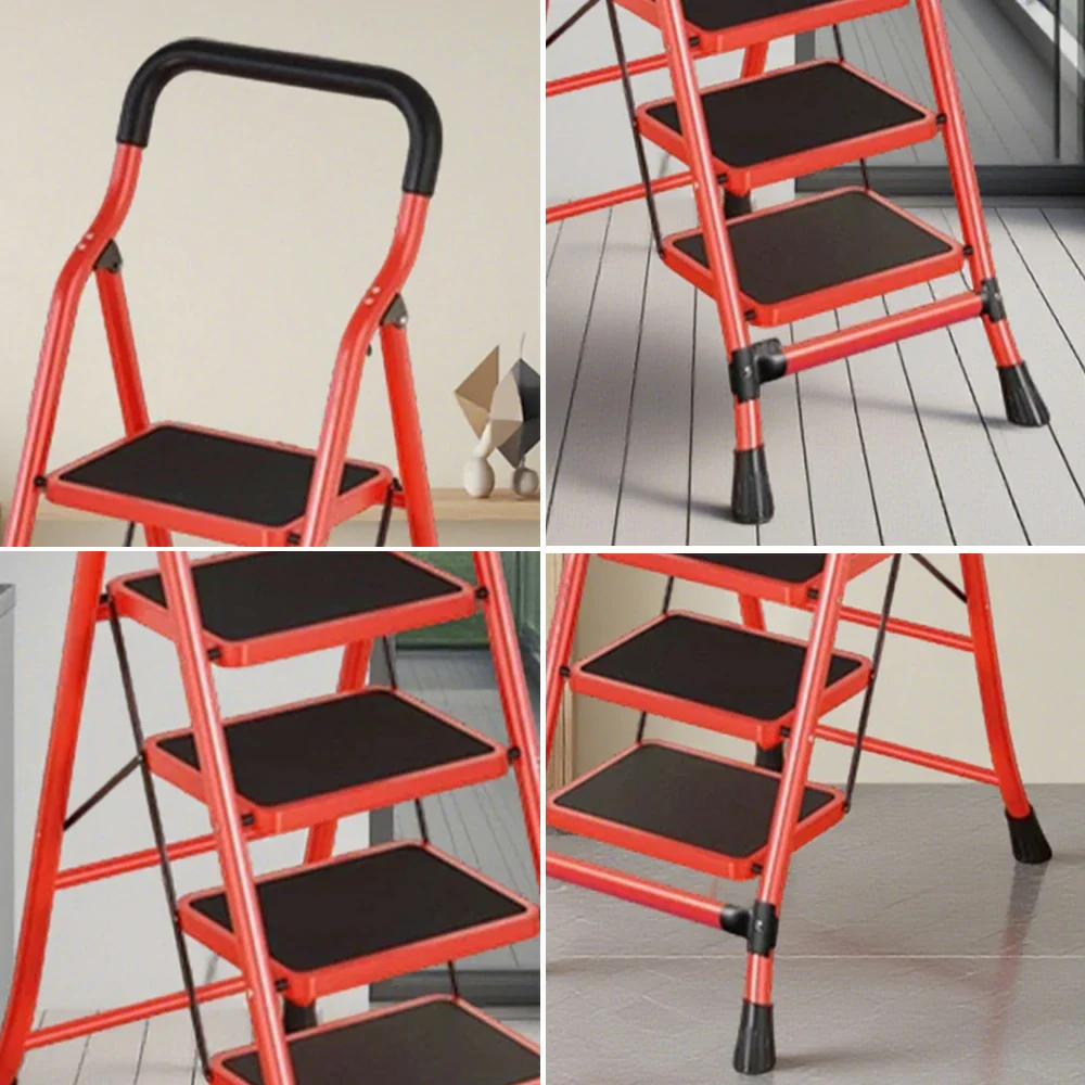 GROVIA 4/5/6-Step Carbon Steel Slim Folding Ladder - 7cm Thick, 26cm Non-Slip Pedal, Stable Anti-Slip Feet - Red - Image 3