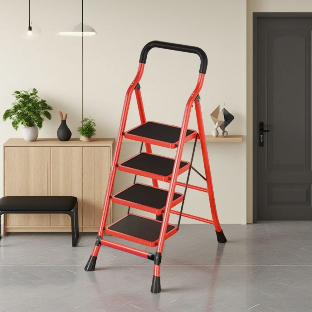GROVIA 4/5/6-Step Carbon Steel Slim Folding Ladder - 7cm Thick, 26cm Non-Slip Pedal, Stable Anti-Slip Feet - Red - Image 4