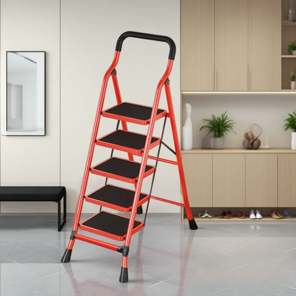 GROVIA 4/5/6-Step Carbon Steel Slim Folding Ladder - 7cm Thick, 26cm Non-Slip Pedal, Stable Anti-Slip Feet - Red - Image 7