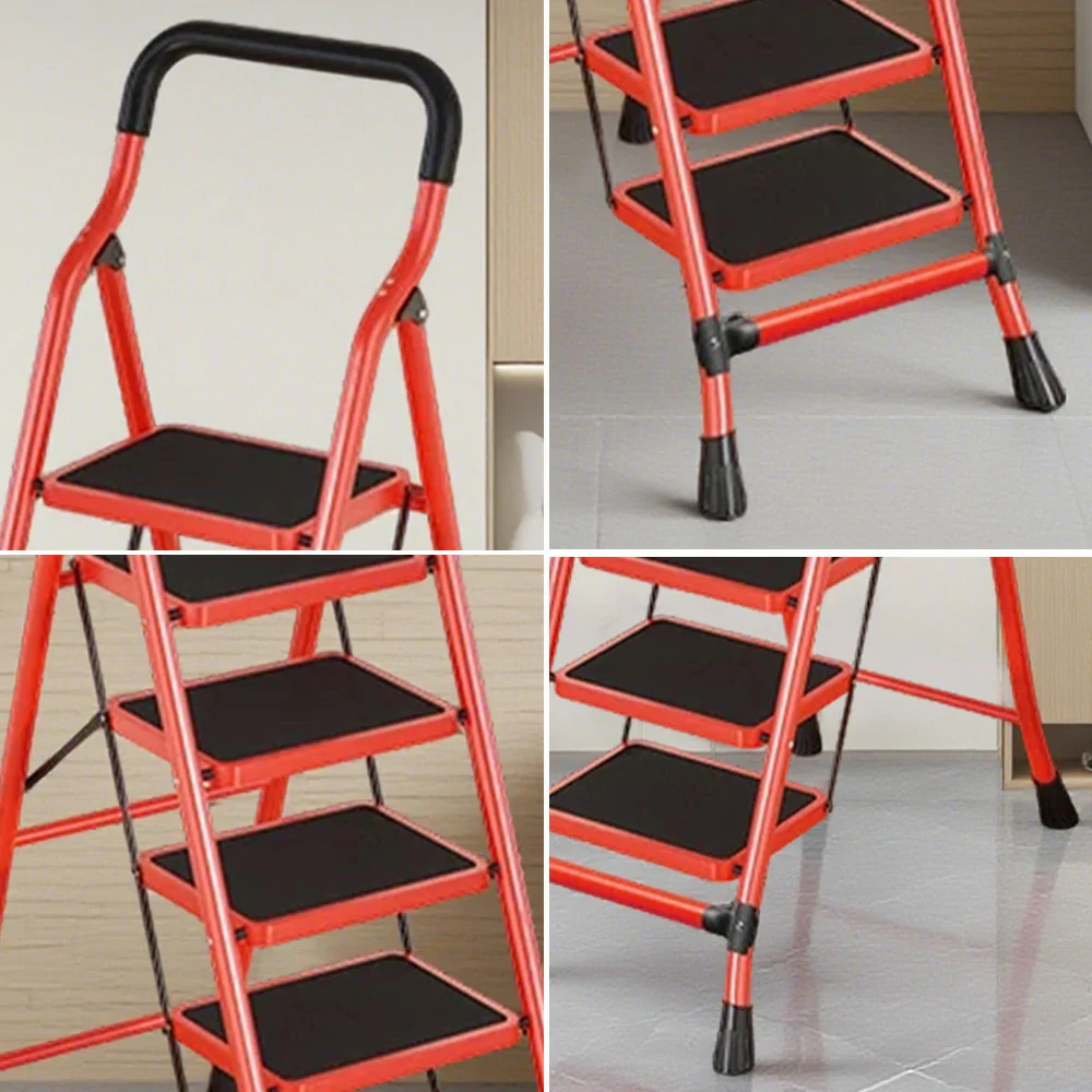 GROVIA 4/5/6-Step Carbon Steel Slim Folding Ladder - 7cm Thick, 26cm Non-Slip Pedal, Stable Anti-Slip Feet - Red - Image 8